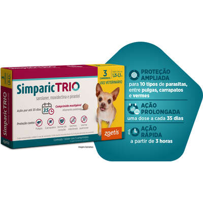 Antipulgas Zoetis Simparic Trio 3 mg para Cães de 1,5 Kg a 2,5 Kg