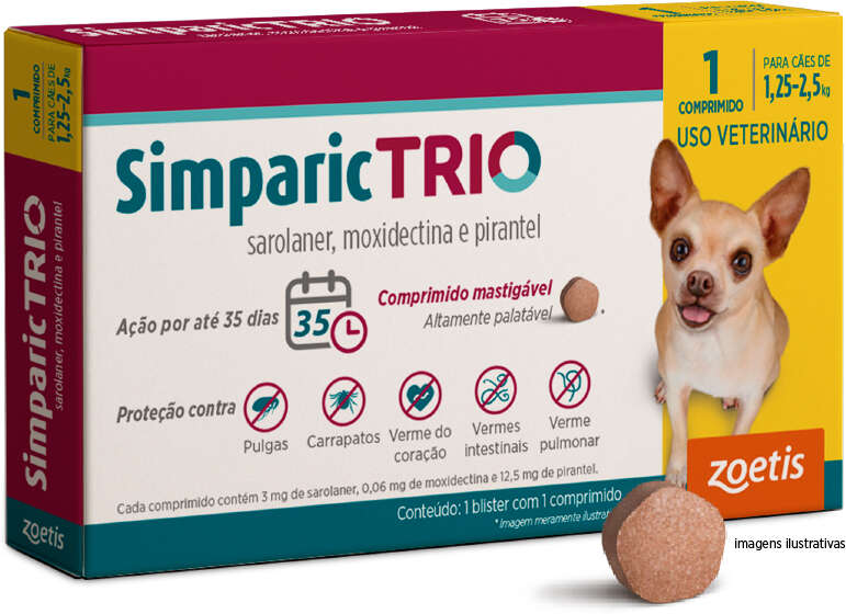 Antipulgas Simparic Trio 3 mg para Cães de 1,5 a 2,5Kg - 1 Comprimido