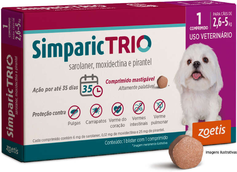 Antipulgas Simparic Trio 6 mg para Cães de 2,6 a 5Kg - 1 Comprimido