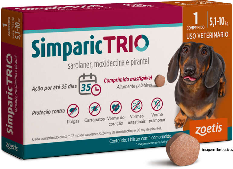 Antipulgas Simparic Trio 12 mg para Cães de 5,1 a 10Kg - 1 Comprimido