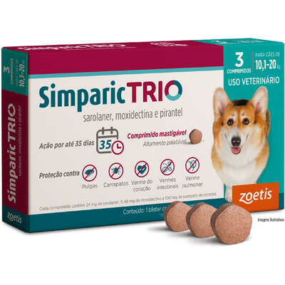 Antipulgas Zoetis Simparic Trio 24mg para Cães de 10,1 Kg a 20 Kg