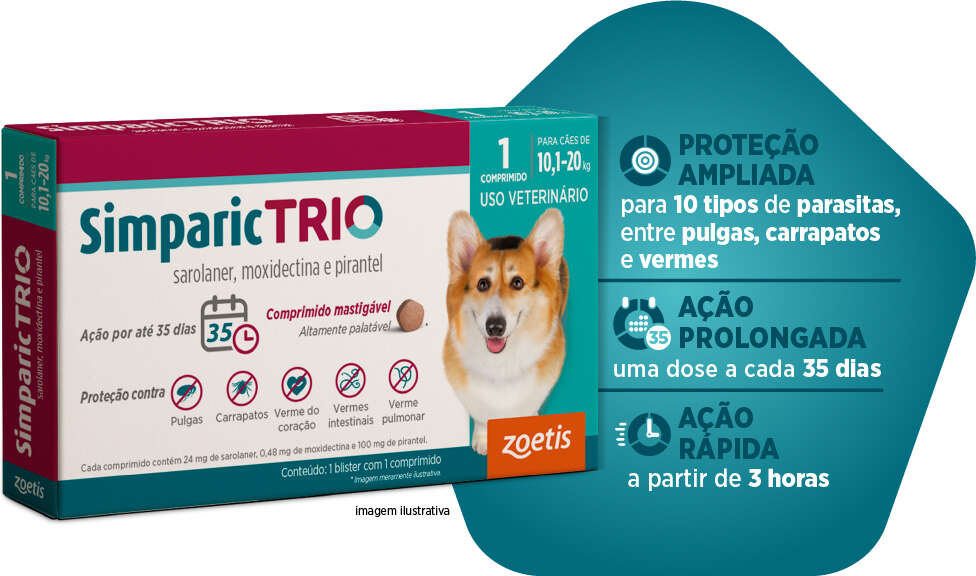 Antipulgas Simparic Trio 24 mg para Cães de 10,1 a 20Kg - 1 Comprimido