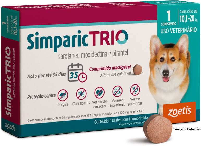 Antipulgas Simparic Trio 24 mg para Cães de 10,1 a 20Kg - 1 Comprimido
