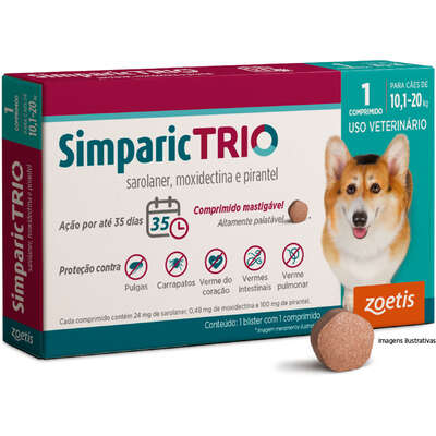 Antipulgas Zoetis Simparic Trio 24mg para Cães de 10,1 Kg a 20 Kg