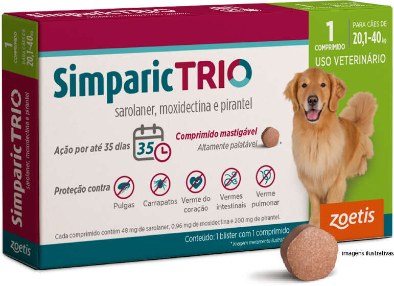 Antipulgas Simparic Trio 48 mg para Cães de 20,1 a 40Kg - 1 Comprimido