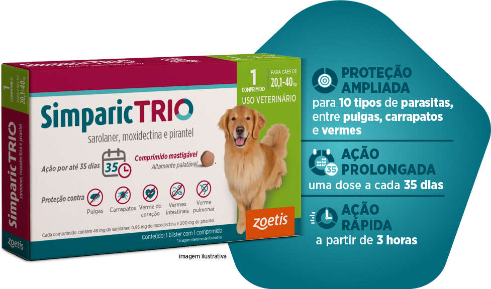 Antipulgas Simparic Trio 48 mg para Cães de 20,1 a 40Kg - 1 Comprimido