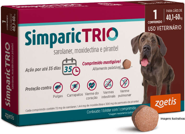 Antipulgas Simparic Trio 72 mg para Cães de 40,1 a 60Kg - 1 Comprimido
