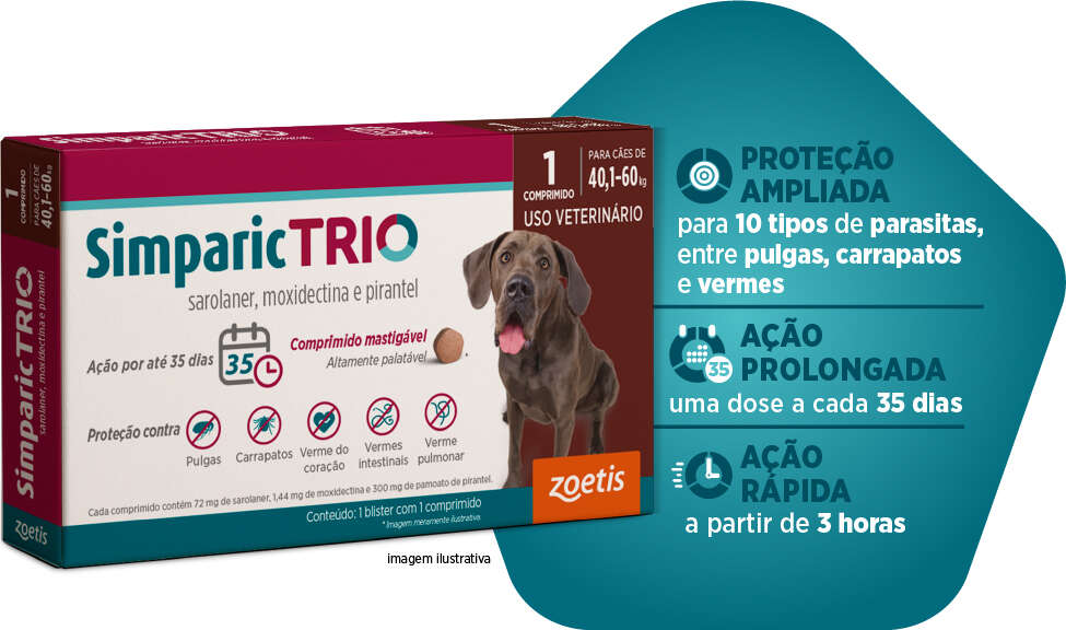 Antipulgas Simparic Trio 72 mg para Cães de 40,1 a 60Kg - 1 Comprimido