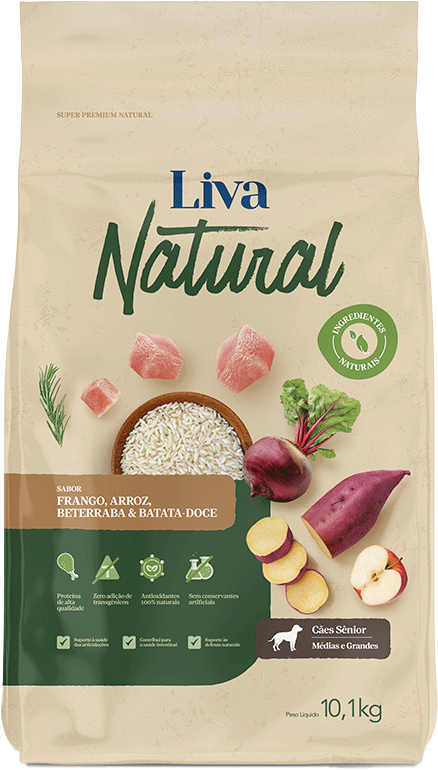 Ração Liva Natural Frango e Batata Doce para Cães Sênior de Raças Médias e Grandes - 10,1Kg