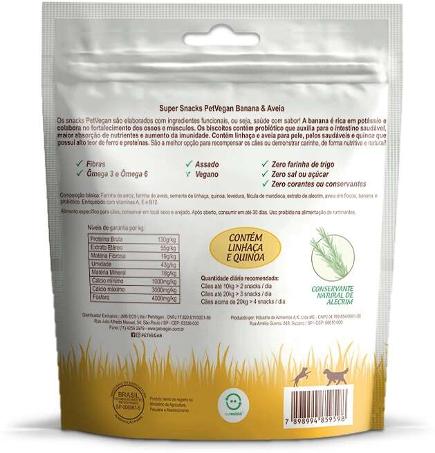 Petisco PetVegan para Cães Adultos Sabor Banana e Aveia - 150g