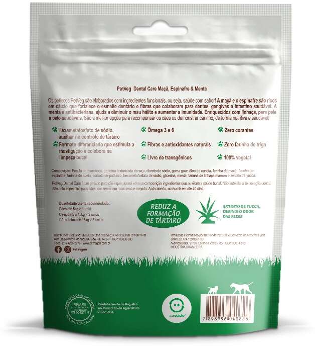 Petisco PetVegan Dental Care para Cães Sabor Maçã, Espinafre e Menta - 150 g