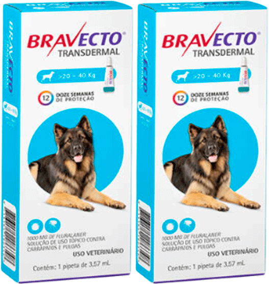 Antipulgas e Carrapatos Bravecto Transdermal 1000 mg para Cães de 20 a 40Kg - 2 Caixas (2 Pipetas)