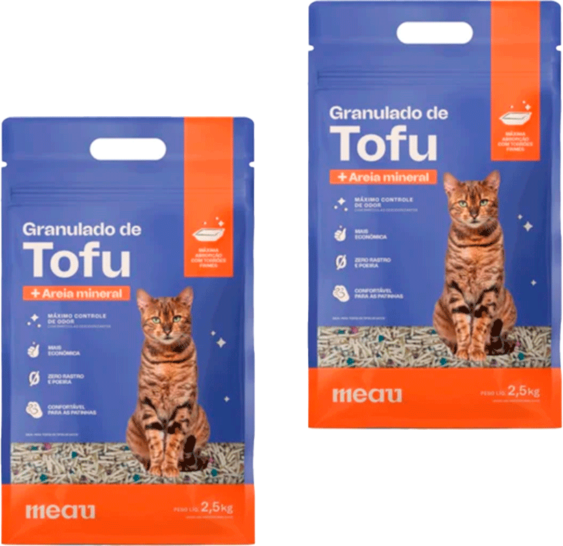 Granulado Higiênico de Tofu com Areia Mineral Meau para Gatos - 5Kg (2 pacotes de 2,5Kg)