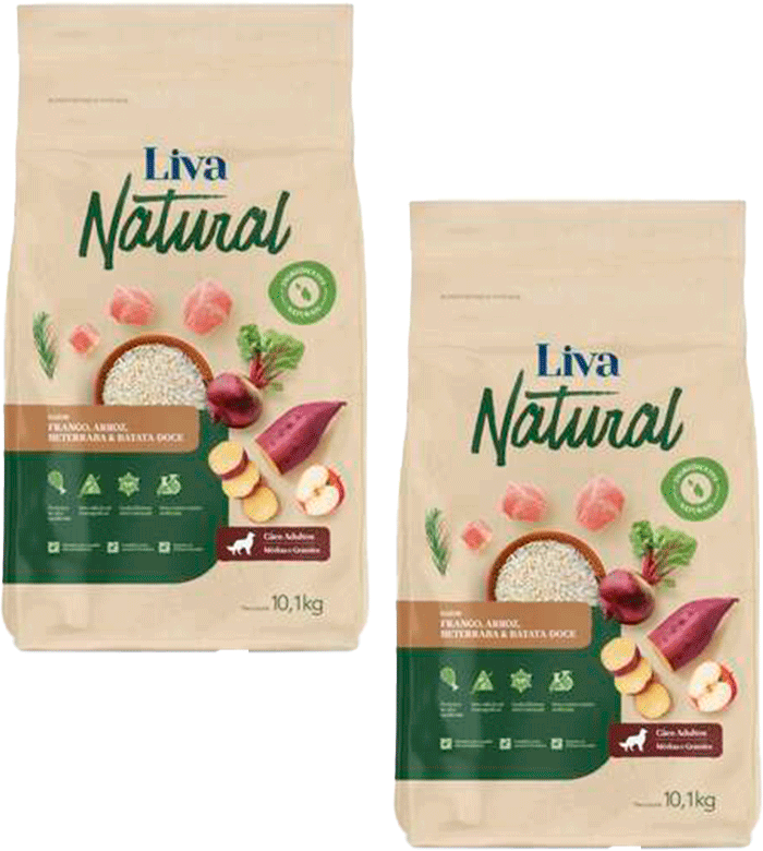 Liva Natural Frango e Batata Doce Cães Adultos Raças Médias e Grandes - 20,2Kg (2 pacotes de 10,1Kg)