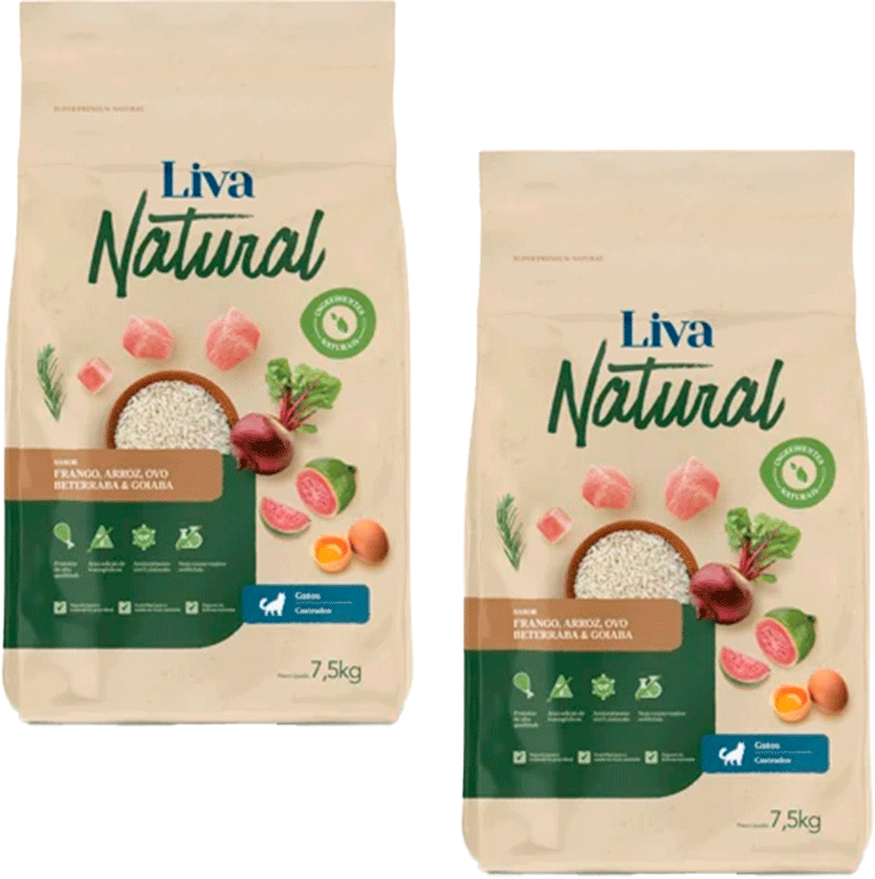 Liva Natural Frango e Goiaba para Gatos Castrados - 15Kg (2 pacotes de 7,5Kg)