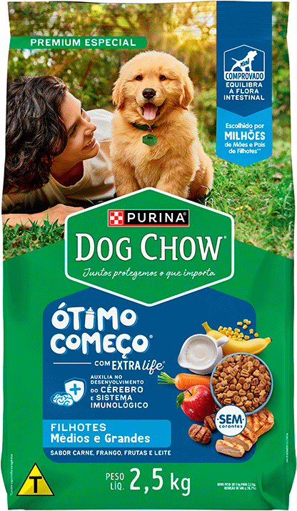 Ração Seca Purina Dog Chow Ótimo Começo para Cães Filhotes Porte Médio e Grande Sabor Carne Frango e Arroz - 2,5Kg
