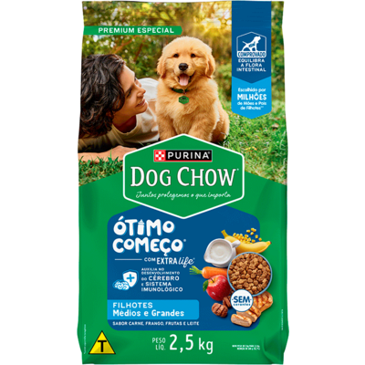Ração Seca Purina Dog Chow Ótimo Começo para Cães Filhotes Porte Médio e Grande Sabor Carne Frango e Arroz