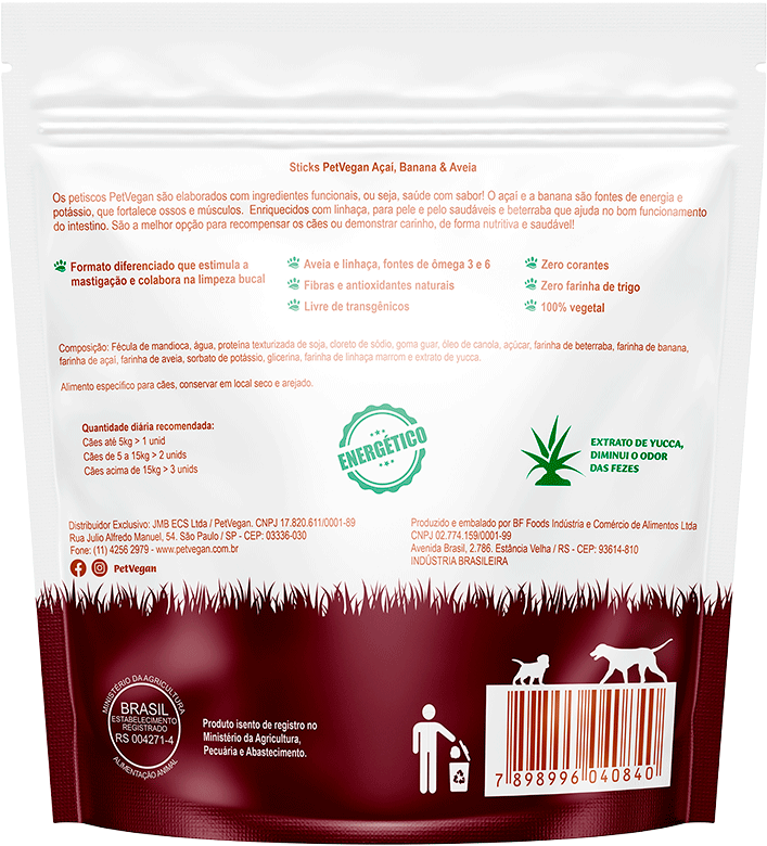 Sticks PetVegan Energy para Cães Sabor Açaí, Banana e Aveia - 150 g
