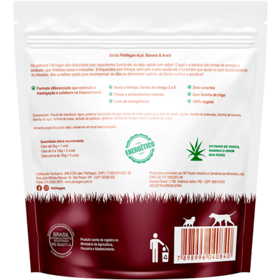 Sticks PetVegan Energy para Cães Sabor Açaí, Banana e Aveia