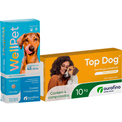 Kit Ourofino Antipulgas Wellpet e Vermifugo Topdog para Cães de 4,6 Kg até 10 Kg - KIT