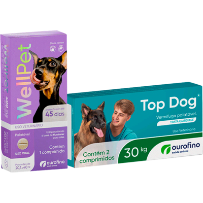 Kit Ourofino Antipulgas Wellpet e Vermifugo Topdog para Cães de 20,1 Kg até 30 Kg - KIT