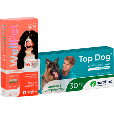 Kit Ourofino Antipulgas Wellpet e Vermifugo Topdog para Cães de 40,1 Kg até 56 Kg - KIT