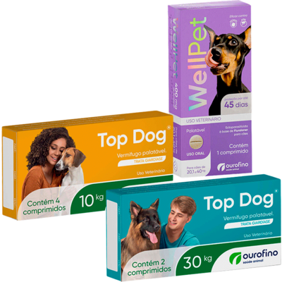 Kit Ourofino Antipulgas Wellpet e Vermifugo Topdog para Cães de 20,1 Kg até 40 Kg - KIT