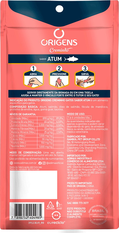 Petisco Cremoso Origens Creminho para Gatos Adutlos Sabor Atum - 1 Pacote (4 Unidades)
