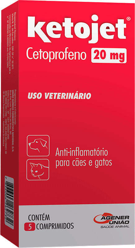 Anti Inflamatório Ketojet Cetoprofeno 20 mg para Cães e Gatos - 5 Comprimidos