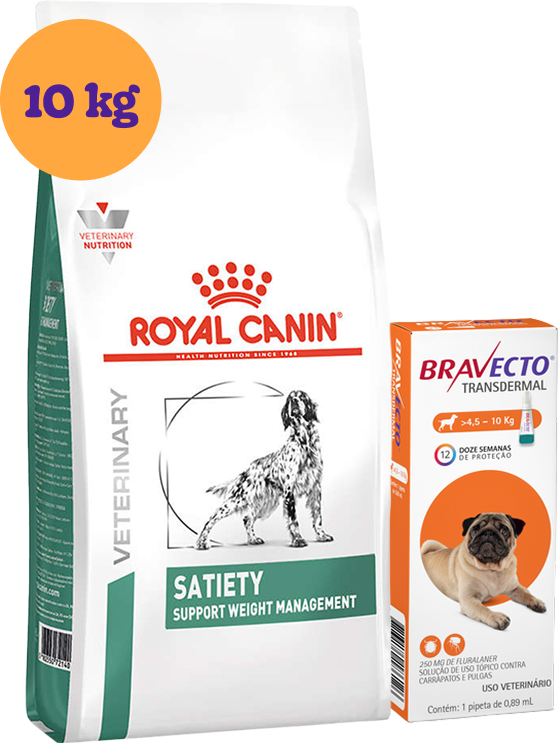 Kit Ração Royal Canin Satiety Support Cães Adultos 10Kg e AntipulgasBravecto Cães 4,5 a 10Kg KIT - KIT