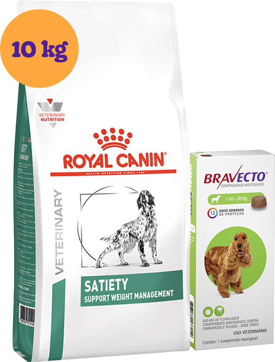 Kit Ração Royal Canin Satiety Support Cães Adultos 10kg e Antipulgas Bravecto Cães 10-20kg 500mg KIT - KIT
