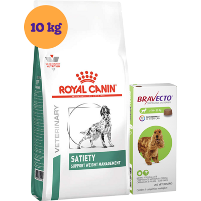 Kit Ração Royal Canin Satiety Support Cães Adultos 10kg e Antipulgas Bravecto Cães 10-20kg 500mg - KIT