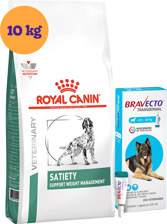 Kit Ração Royal Canin Satiety Support Cães Adultos 10kg e Antipulgas Bravecto Cães 20-40kg 1000mg KIT - KIT