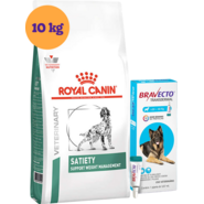Kit Ração Royal Canin Satiety Support Cães Adultos 10kg e Antipulgas Bravecto Cães 20-40kg 1000mg - KIT