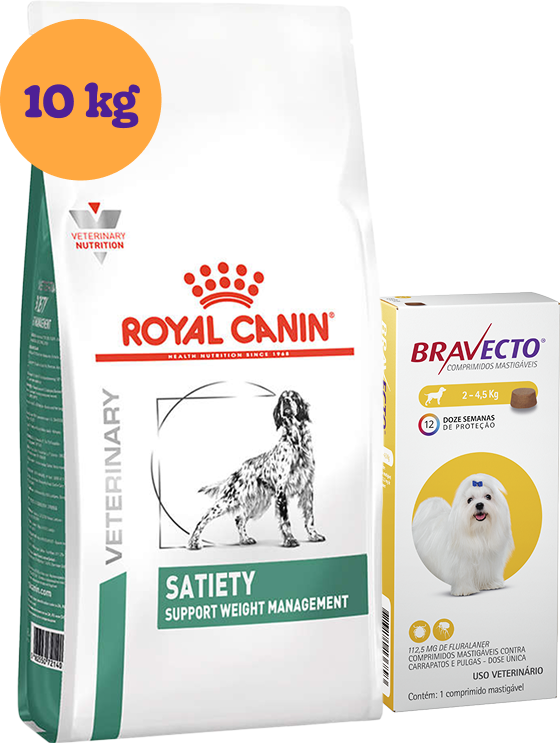 Kit Ração Royal Canin Satiety Support Cães Adultos 10Kg e Antipulgas Bravecto Cães 2 a 4,5Kg 112,5 mg KIT - KIT