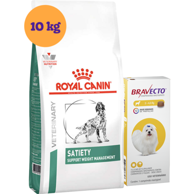 “Kit Ração Royal Canin Satiety Support Cães Adultos 10 Kg e Antipulgas Bravecto Cães 2 a 4,5 Kg 112,5 mg - KIT