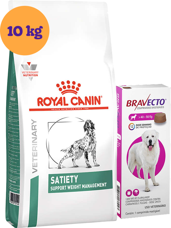 Kit Ração Royal Canin Satiety Support Cães Adultos 10Kg e Antipulgas Bravecto Cães 40-56Kg 1400 mg KIT - KIT