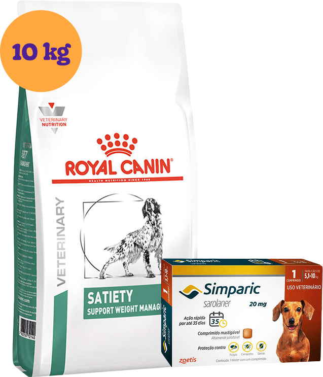 Kit Ração Royal Canin Satiety Support Cães Adultos 10Kg e Antipulgas Simparic 20 mg Cães 5,1 a 10Kg KIT - KIT