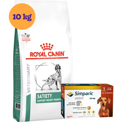 Kit Ração Royal Canin Satiety Support Cães Adultos 10 Kg e Antipulgas Simparic 20 mg Cães 5,1 a 10 Kg - KIT