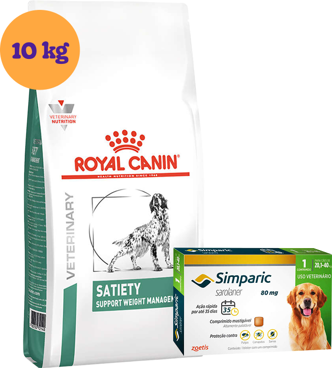 Kit Ração Royal Canin Satiety Support Cães Adultos 10Kg e Antipulgas Simparic 80 mg Cães 20,1 a 40Kg KIT - KIT