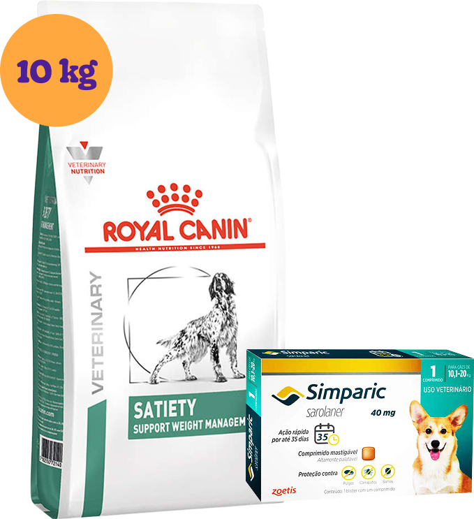 Kit Ração Royal Canin Satiety Support Cães Adultos 10Kg e Antipulgas Simparic 40 mg Cães 10,1 a 20Kg KIT - KIT