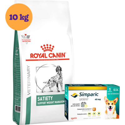 Kit Ração Royal Canin Satiety Support Cães Adultos 10 Kg e Antipulgas Simparic 40 mg Cães 10,1 a 20 Kg - KIT”