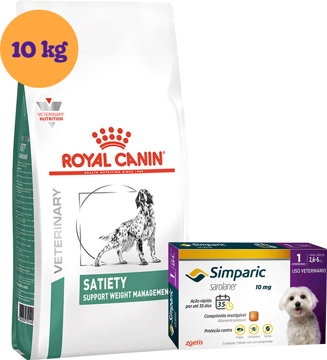 Kit Ração Royal Canin Satiety Support Cães Adultos 10Kg e Antipulgas Simparic 10 mg Cães 2,6 a 5Kg KIT - KIT