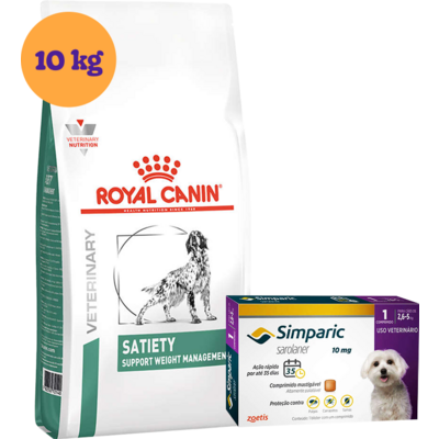 Kit Ração Royal Canin Satiety Support Cães Adultos 10 Kg e Antipulgas Simparic 10 mg Cães 2,6 a 5 kg - KIT