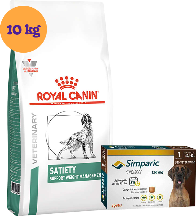 Kit Ração Royal Canin Satiety Support Cães Adultos 10Kg e Antipulgas Simparic 120 mg Cães 40,1 a 60Kg KIT - KIT