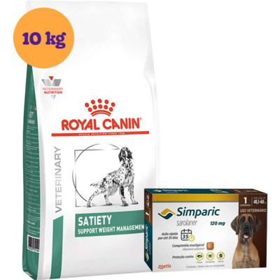 Kit Ração Royal Canin Satiety Support Cães Adultos 10 Kg e Antipulgas Simparic 120 mg Cães 40,1 a 60 Kg - KIT”