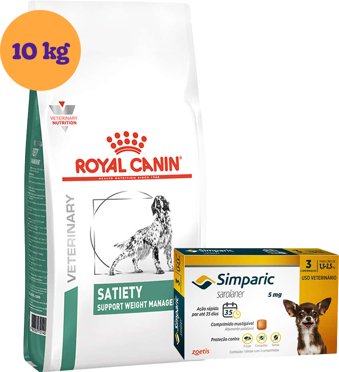 Kit Ração Royal Canin Satiety Support Cães Adultos 10Kg e Antipulgas Simparic 5 mg Cães 1,3 a 2,5Kg KIT - KIT