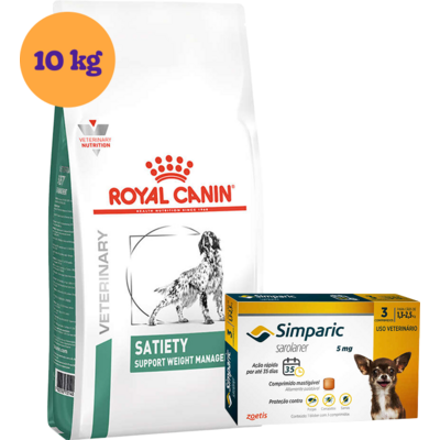 Kit Ração Royal Canin Satiety Support Cães Adultos 10 Kg e Antipulgas Simparic 5 mg Cães 1,3 a 2,5 Kg - KIT