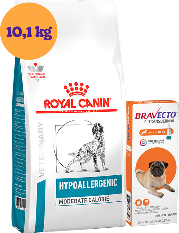 Kit Ração Royal Canin Veterinary Hypoallergenic Moderada para Cães Adultos 10,1Kg e Antipulgas Bravecto 250 mg KIT - KIT