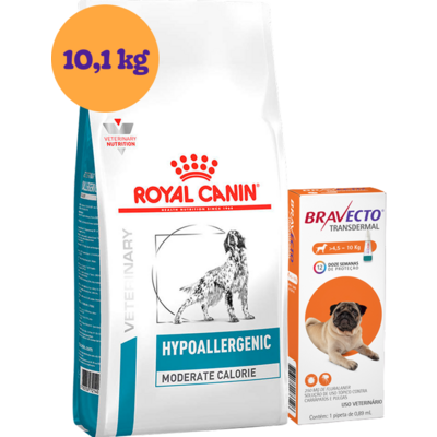 Kit Ração Royal Canin Veterinary Hypoallergenic Moderada para Cães Adultos 10,1 Kg e Antipulgas Bravecto 250 mg - KIT